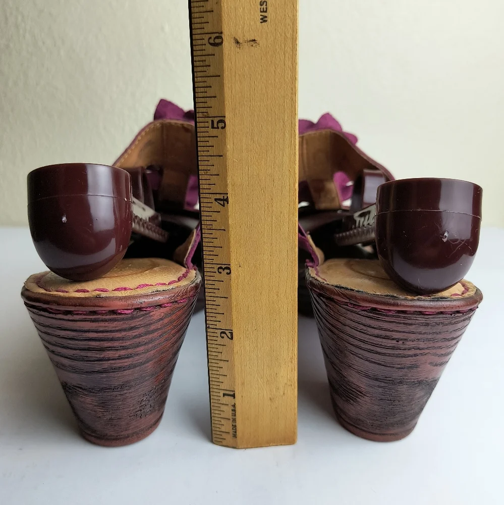 Born Zenia Electro Size 9 Purple and Brown Wedge Heel Sandals  Bow Detail